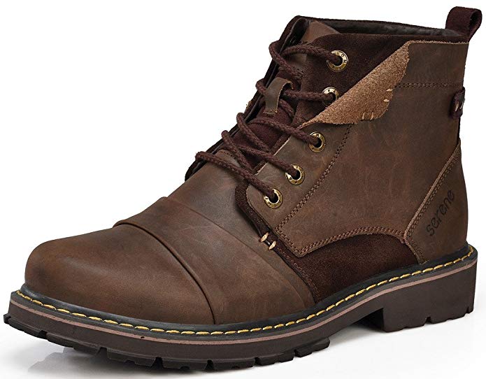 SUNROLAN Drew Men's Retro Spilt Leather Lace-Up Combat Work Boots/Slouch Faux Fur-Lined Ankle Boots